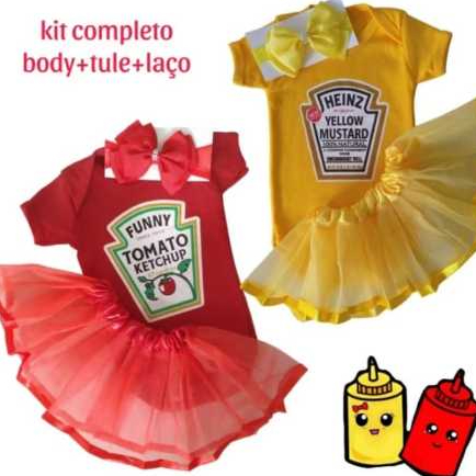 Body tematico mesversário bebê gêmeas Ketchup e Mostarda fantasia + laço + saia de tule