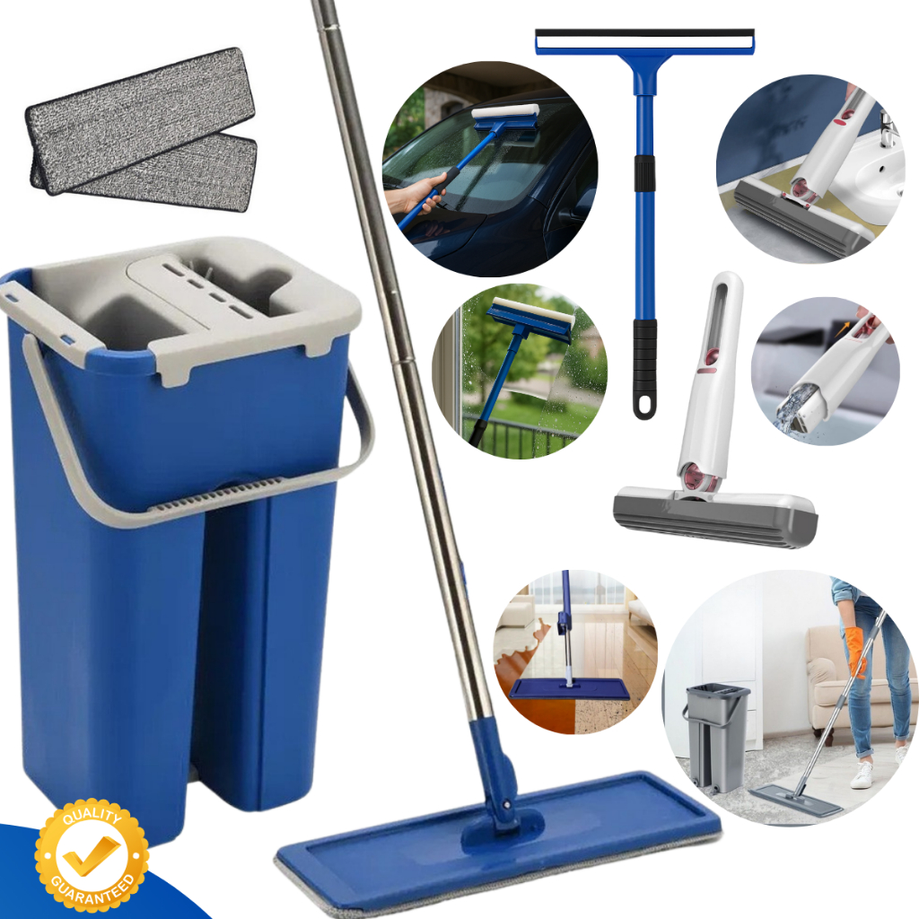 Mop Flat Balde Lava Seca Profissional + Rodo Limpa Vidros Janelas + Mini Mop