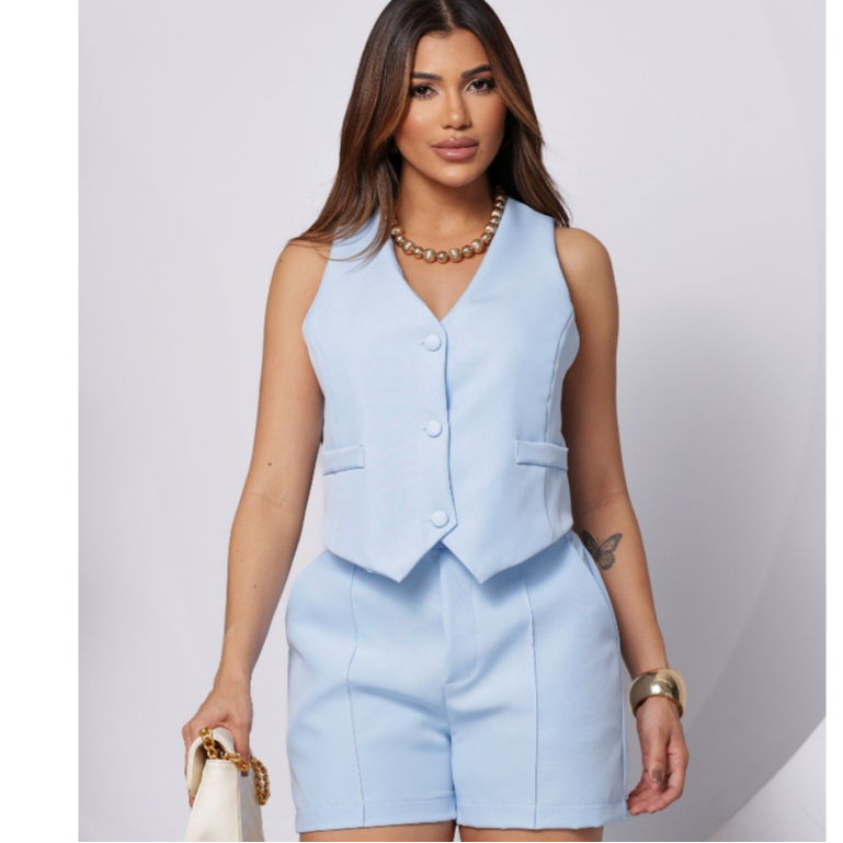 Conjunto Feminino Social – Blusa e Short Alfaiataria com Cintura Elástica