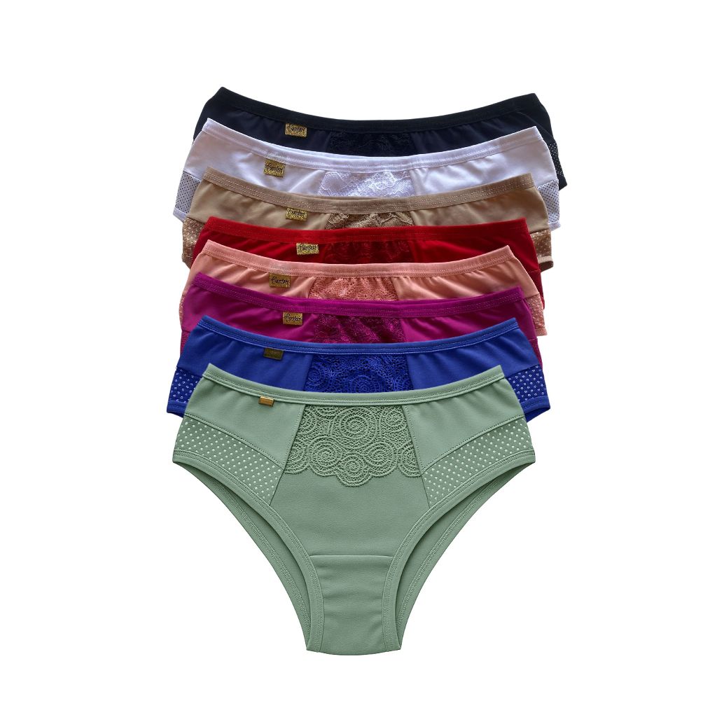 Kit c/ 5 Calcinha Cintura Alta Pós Parto Gestante Renda Lingerie Feminina Forro 100% Algodão