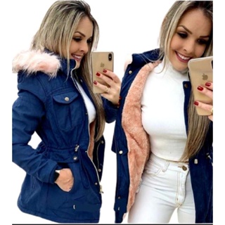 Parka casaco Bolsinho forrada pelinho com capuz P ao G5 em Oferta na Shopee