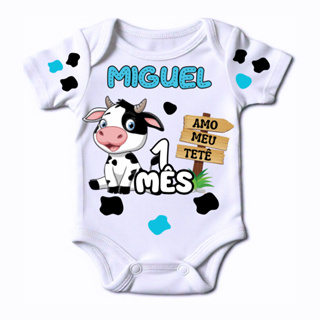 Body bebe mesversario personalizado com nome e mes tema vaquinha eu amo meu tete vaca menino menina 1 a 12 meses em Oferta na Shopee