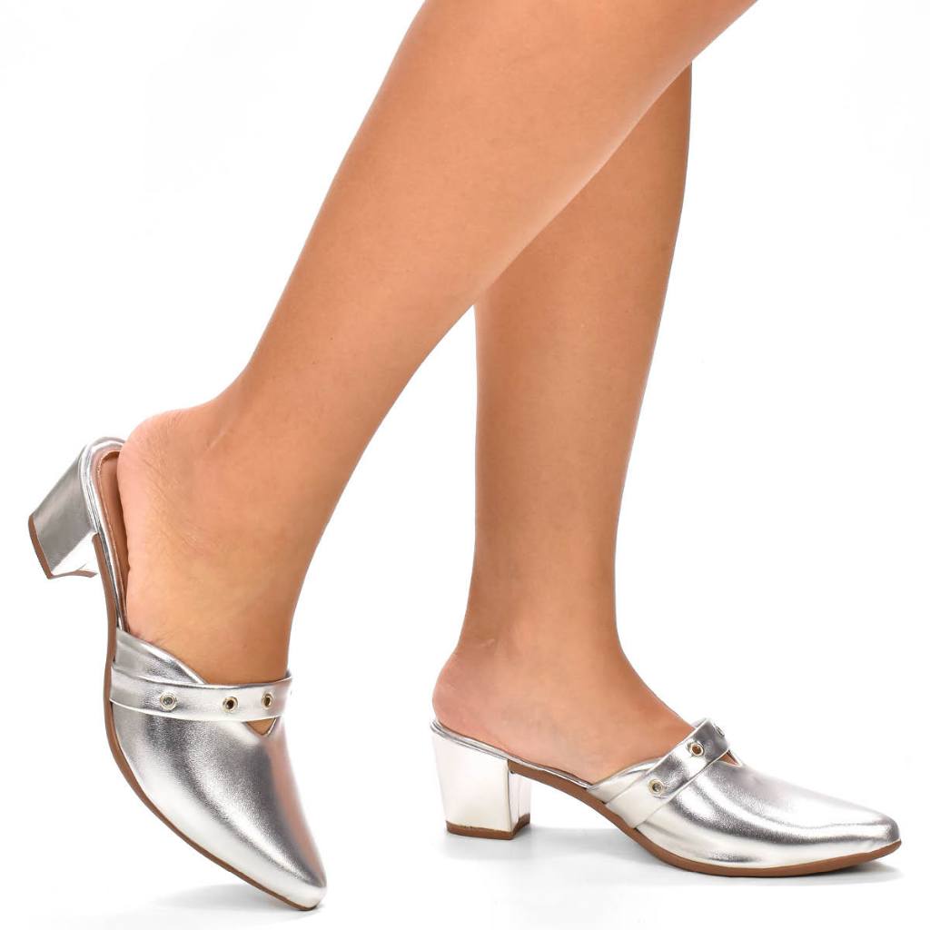 Mule Scarpin Metalizado Salto Grosso Extra Confort Com Elhios Salto 5 Cm em Oferta na Shopee