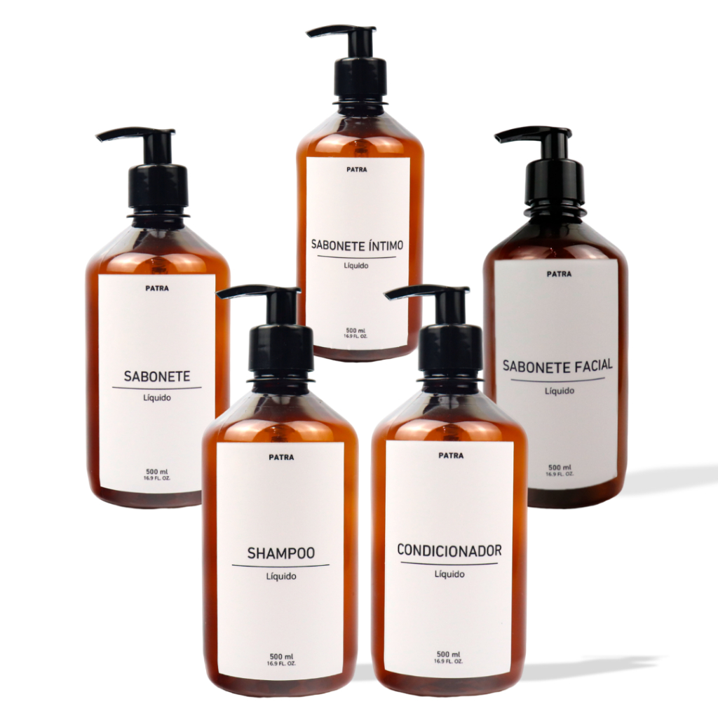 kit Banho Frasco Âmbar  5pçs Shampoo Condicionador Sabonete líquido Sabonete íntimo E Sabonete facial Dispenser