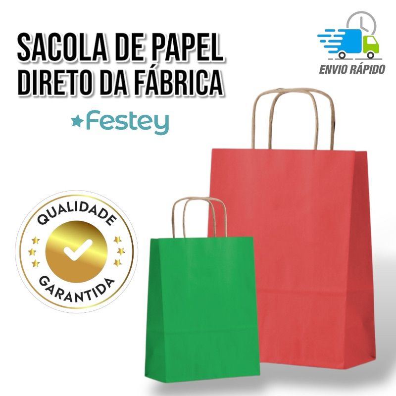 Sacola de papel colorida P (14x21,5x9) ALÇA KRAFT em Oferta na Shopee