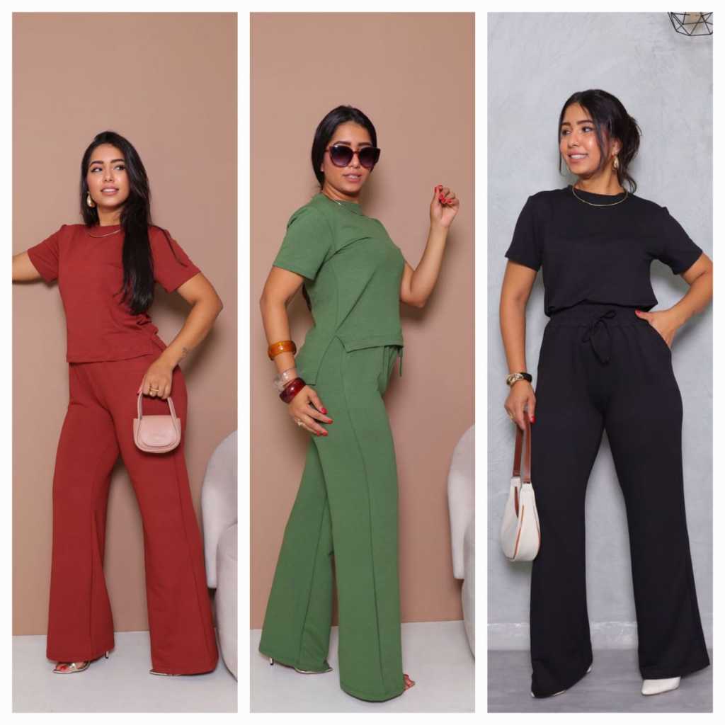 Conjuto Moletinho/Calça Pantalona /Blusa Com Manga curta/Tecido Super confortavel Boa