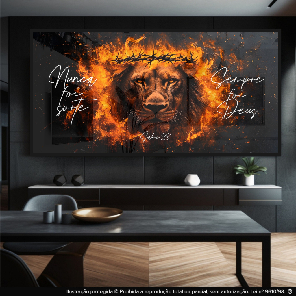 01 Quadro Decorativo Leão em Chamas Religioso Nunca foi Sorte, Sempre foi Deus Decoração Sala Quarto Escritório