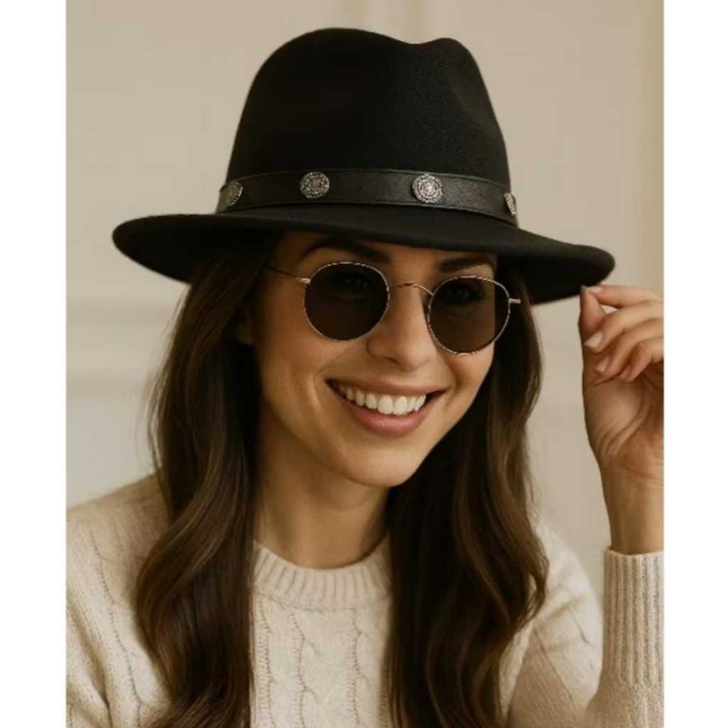 Chapéu Fedora Preto de Feltro Estilo Country com Bandinha unissex