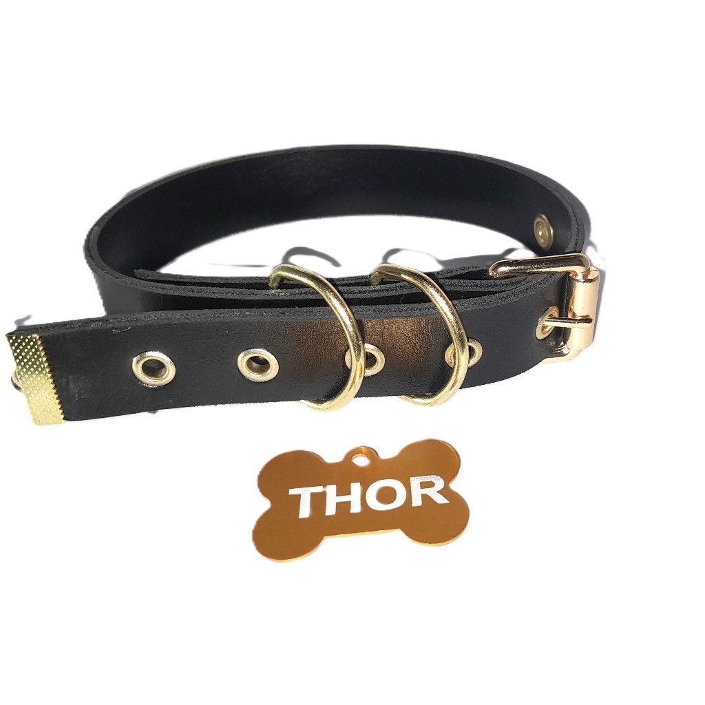 Coleira em Couro com Placa Personalizada – Nome e Telefone Gravado a Laser – Luxo Pet