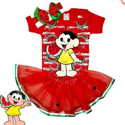 Body Bebê temático meversario Magali MelanciaBody + laço + saia de tule Bori  turma da Mônica