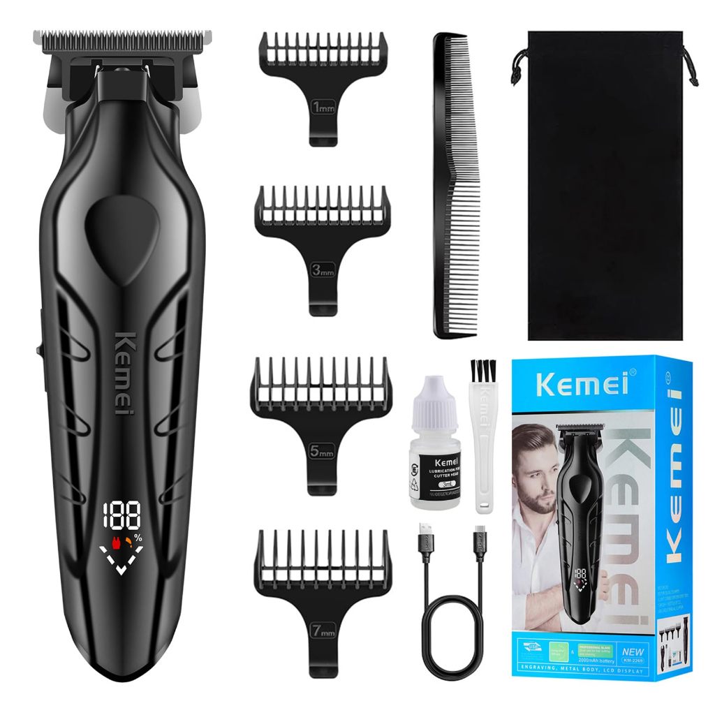 Máquina de Acabamento Kemei Profissional Cabelo Barba Barbeador Recarregável Com Display LCD Original KM-2269 - Bivolt