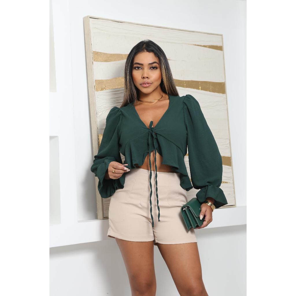 blusa cropped de amarração manga com babado frente estilo boho chic tendência 2025 em Oferta na Shopee