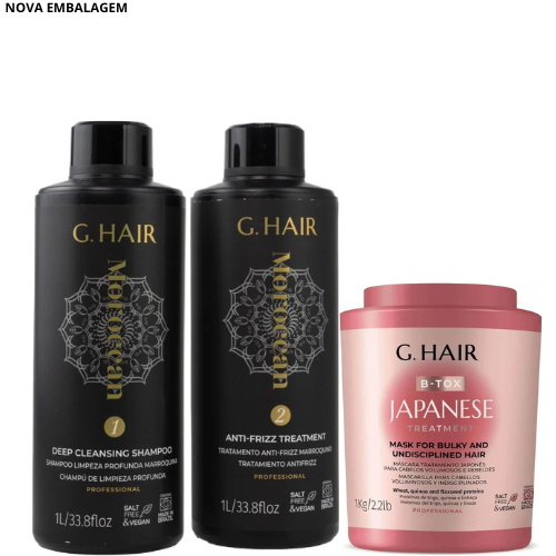 KIT G.HAIR MARROQUINA (MOROCCAN) SHAMPOO 1L+TRATAMENTO PASSO 2 1L+B-TOX TRATAMENTO JAPONÊS 1KG em Oferta na Shopee