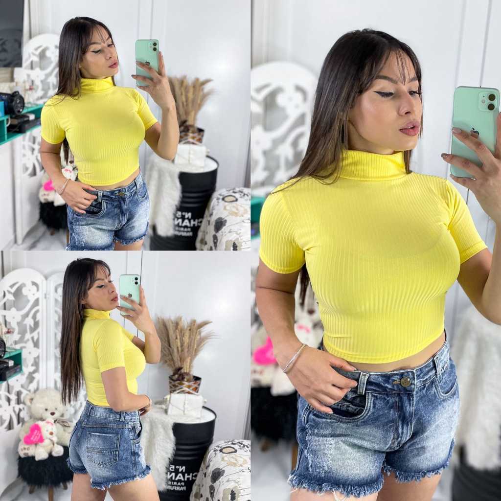 Kit 6 Cropped Feminino Top Camisetinha Tamanho Único Tecido Canelado Blusinha Fitness Academia com Proteção UV50+