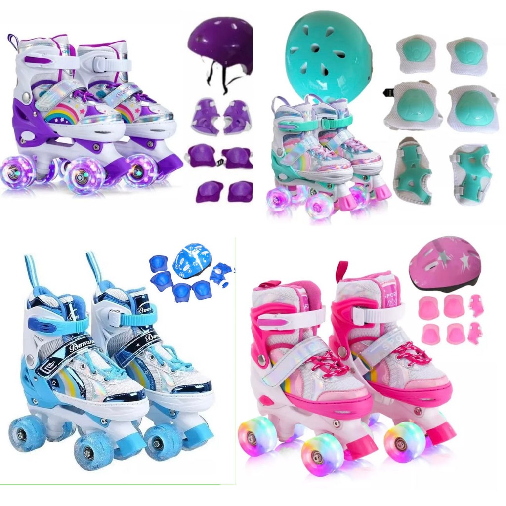 Patins Quad De Menina Infantil 4 Rodas Roxo Arco-Iris Com Luz Led Com Kit Proteção Meninos Promoção