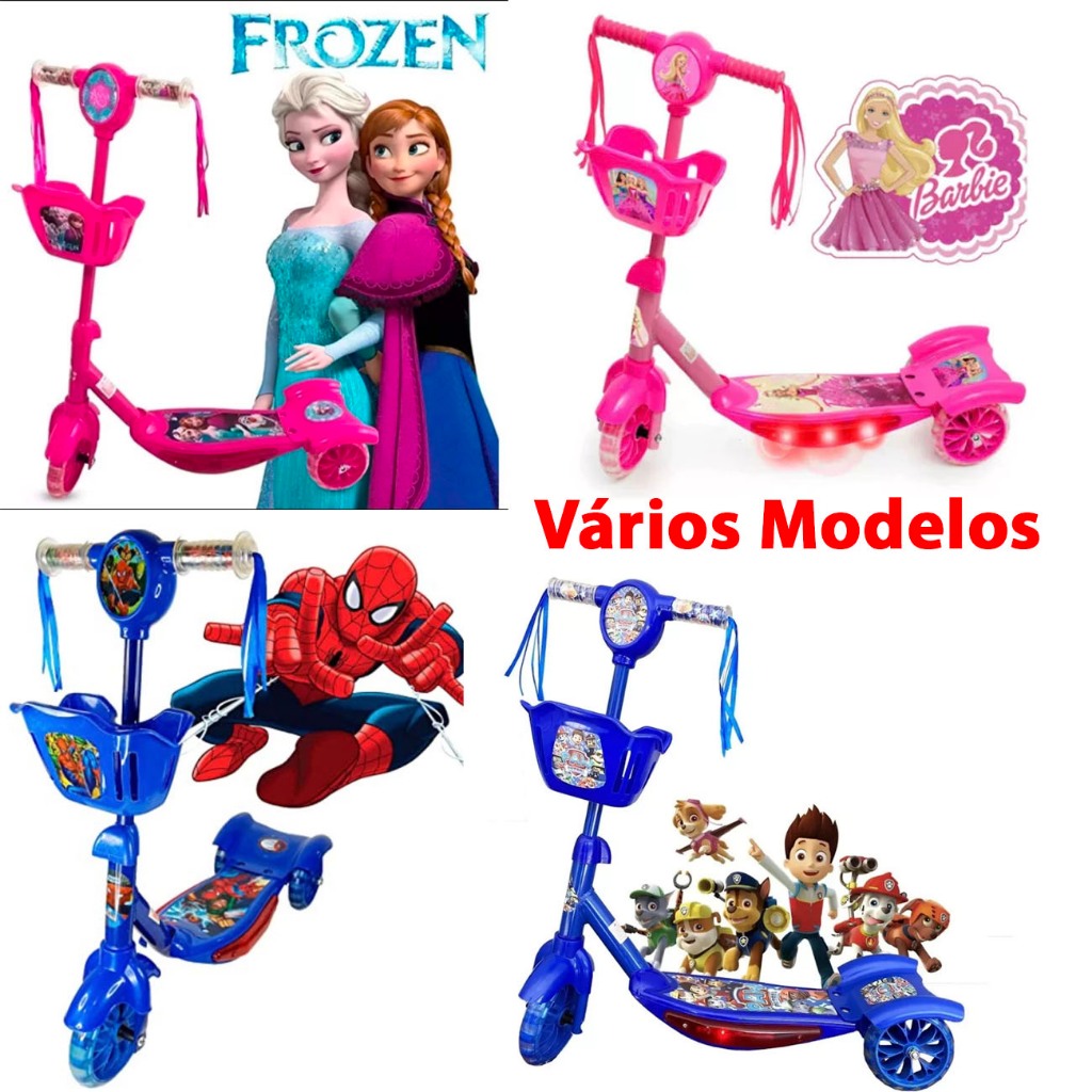 Patinete Infantil 3 Rodas Frozen Barbie Princesa Homen Aranha Musica C/Cesta Luz Musica Promoção