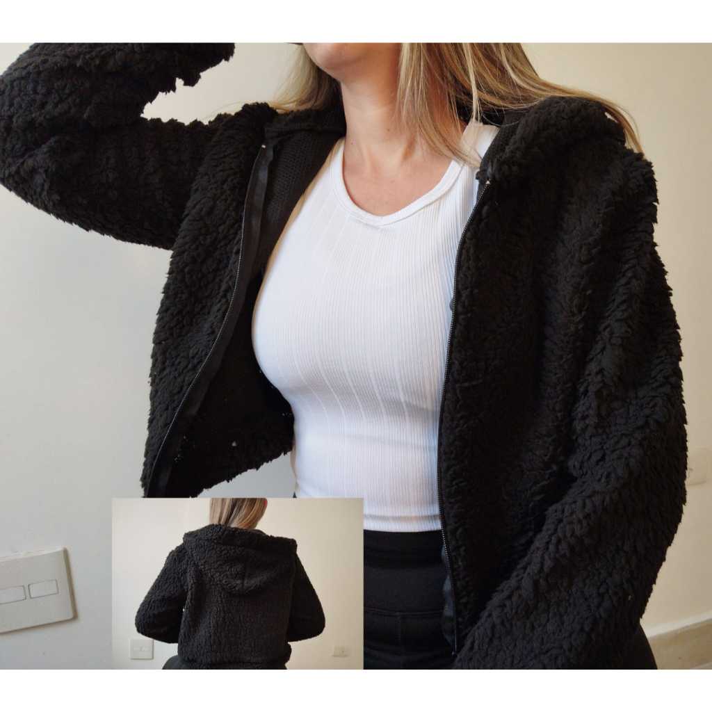 JAQUETA FEMININA CASACO  CURTO   TEDDY  SHERPA  ELEGANTE e confortável zíper  Touca moda  Blogueira  casual