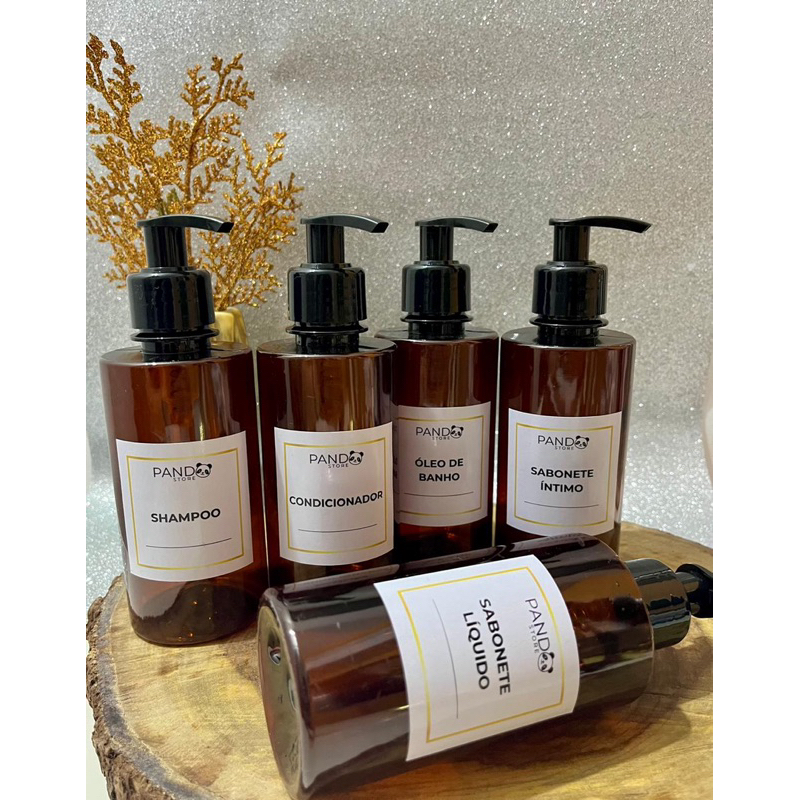 Kit 05 Frascos Âmbar LUXO Banheiro - 250ml - Shampo, Cond, Sab Liq, Sab Íntimo, Oleo - Dispenser 250ml
