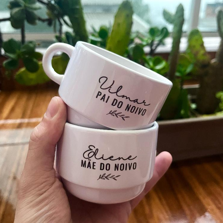 Modelo 3 | Xícara Porcelana Mãe da noiva, pai do noivo, Padrinhos Casamento, Minimalista 150ml