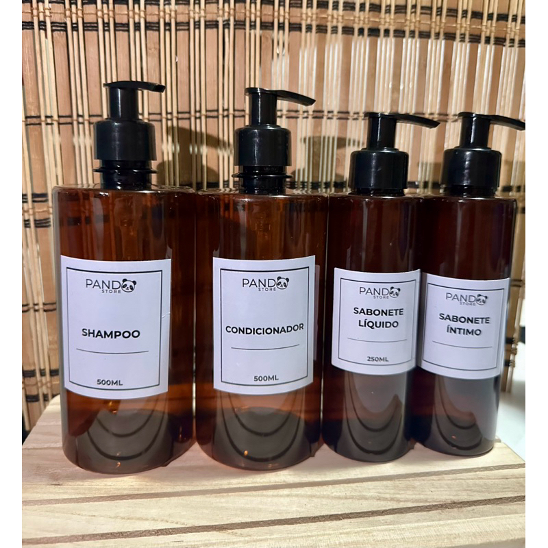 kit Banheiro 04 Frascos Âmbar – PUMP PRETO – 02 de 500ml (Shampoo, Cond.) e 02 de 250ml (Sab. Líquido e Sab. Íntimo)