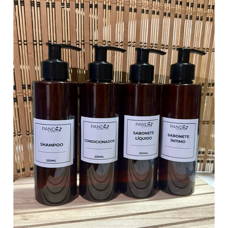 kit Banheiro 04 Frascos Âmbar – PUMP PRETO - Shampoo, Cond, Sab Líquido e Sab Íntimo - 250ml