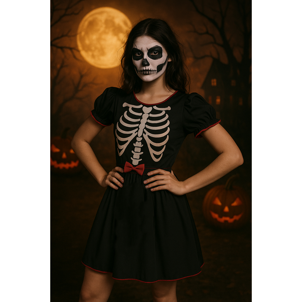 VESTIDO CAVEIRA MEXICANA INFANTIL HALLOWEEN DIA  DAS BRUXAS PEÇA MODA  INFANTIL FANTASIA