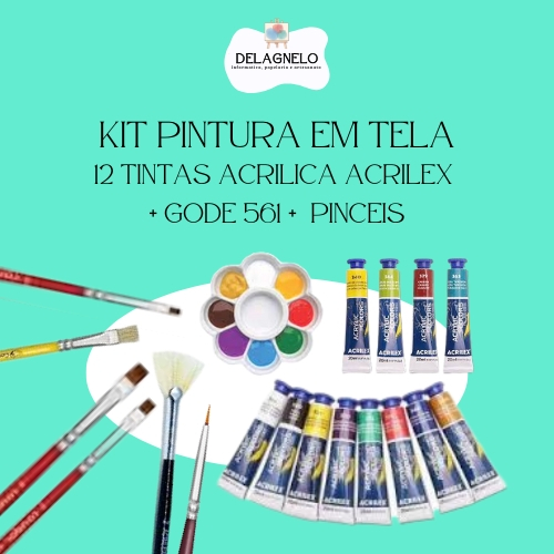 Kit Pintura em tela para iniciantes com 12 tintas Acrilica Acrilex + Gode 561 +  Pinceis