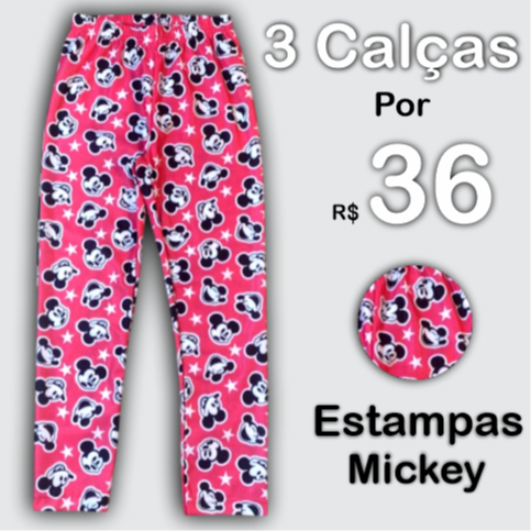 Kit 3 Calças Legging Infantil Térmicas Estampadas Mickey  – Microfibra com Elastano, Menina