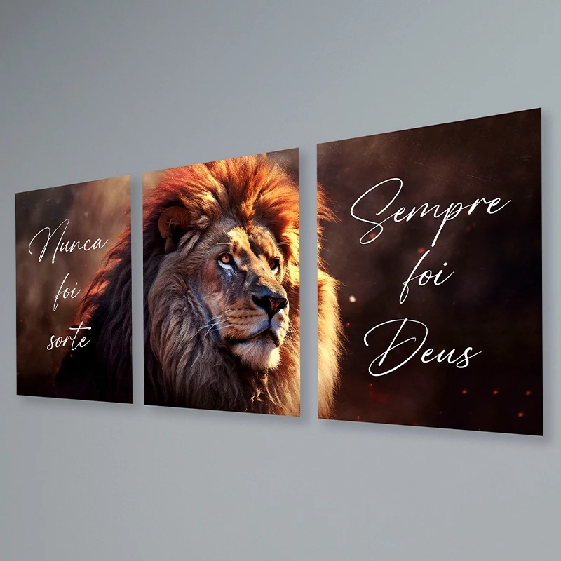 Kit 3 Quadros Decorativos Mosaico Leão De Judá Nunca Foi Sorte Sempre Foi Deus Decoração Religiosa