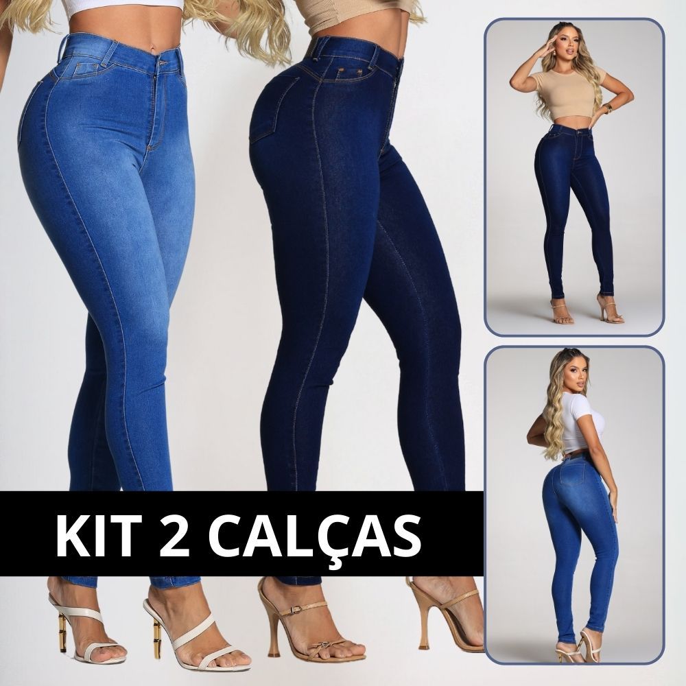 Kit 2 Calças Jeans Feminina Skinny Cintura Alta Lycra Confortável Levanta Bumbum Modeladora em Oferta na Shopee