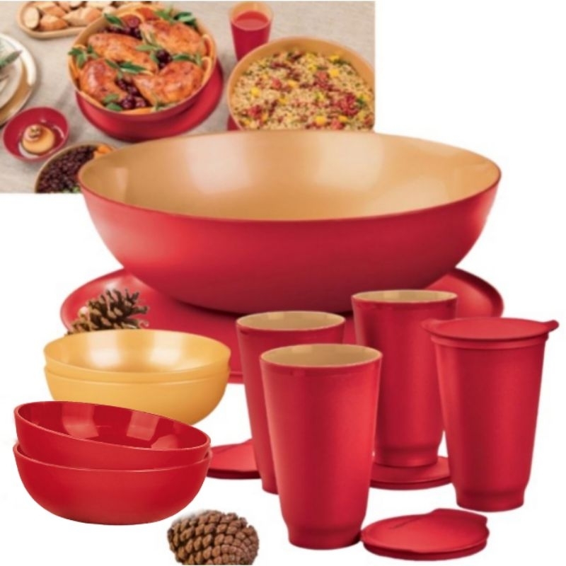 KIT TIGELA 3,5L + 4 UN COPO 450ML + 4 TIGELINHA 200ML ALLEGRA VERMELHO MORANGO E OURO - TUPPERWARE