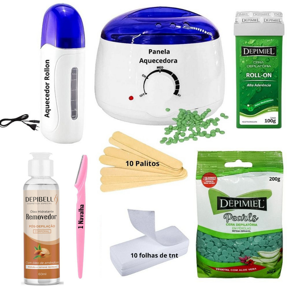 Kit Depilaçao Panela Cera Aloe Vera Quente Depimiel Palitos Papel removedor