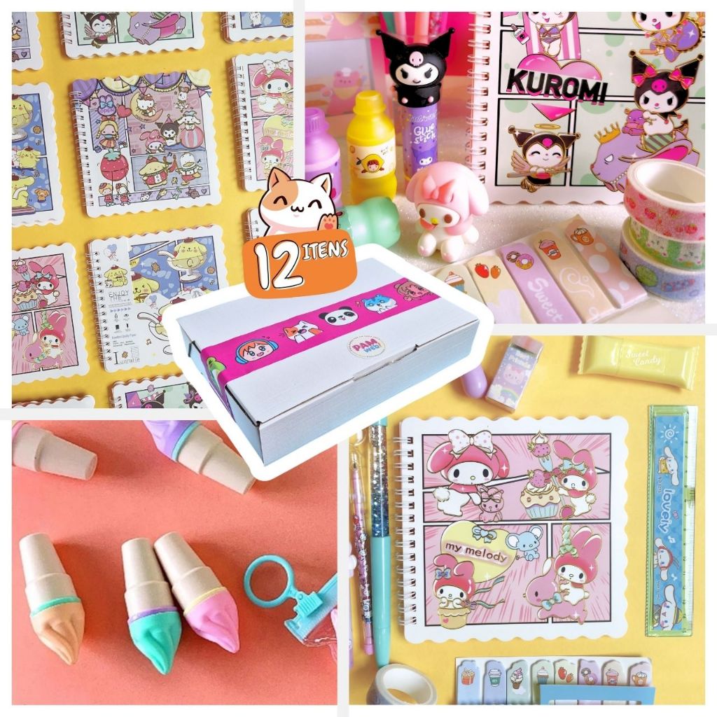 Kit Papelaria Fofa Kawaii 12 Itens para Menina caneta borracha lápis washi tape marca texto material escolar presente em Oferta na Shopee