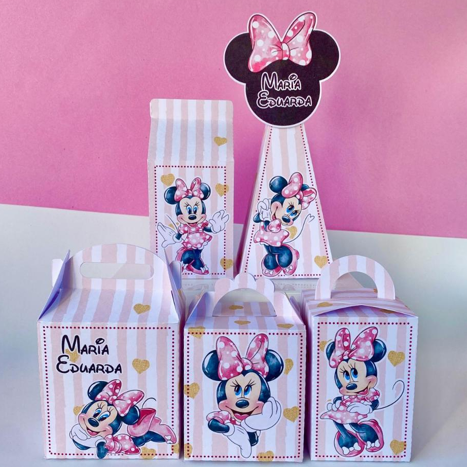 Kit Festa Minnie Mouse Rosa Personalizado | Pegue e Monte | Caixinhas e Lembrancinhas