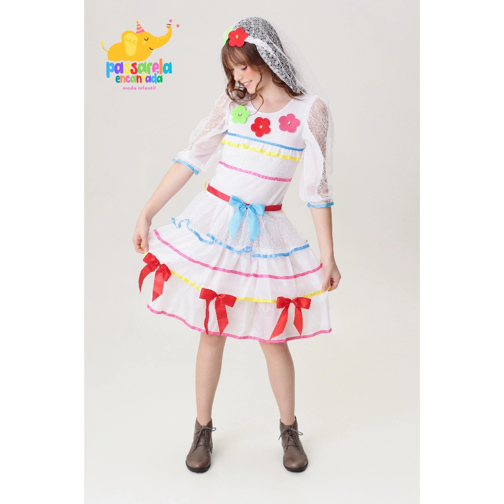 Vestido Infantil Noiva Festa Junina Manga Longa com Tiara de Véu Caipira 4 ao 16