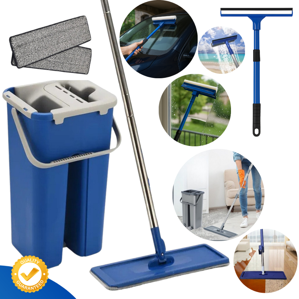 Esfregão MOP Limpeza Rodo Flat Balde Cesto Lava Seca Profissional +  Rodo Limpador de Vidros Sacada