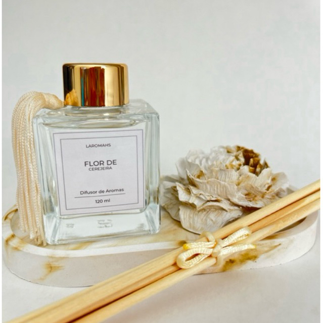 kit de Difusor de aromas varetas 120 ml+bandeja decorativa marmorizada marrom+ flor peônia decorativa marmorizada marrom