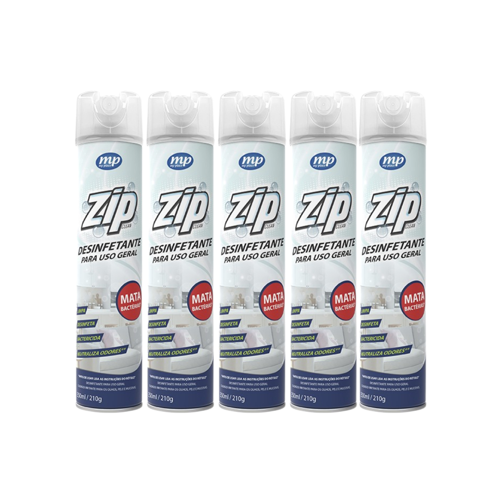 Kit 5 Desinfetante Zip Clean Spray Uso Geral Limpa My Place 350ml Tira Cheiro de Cigarro