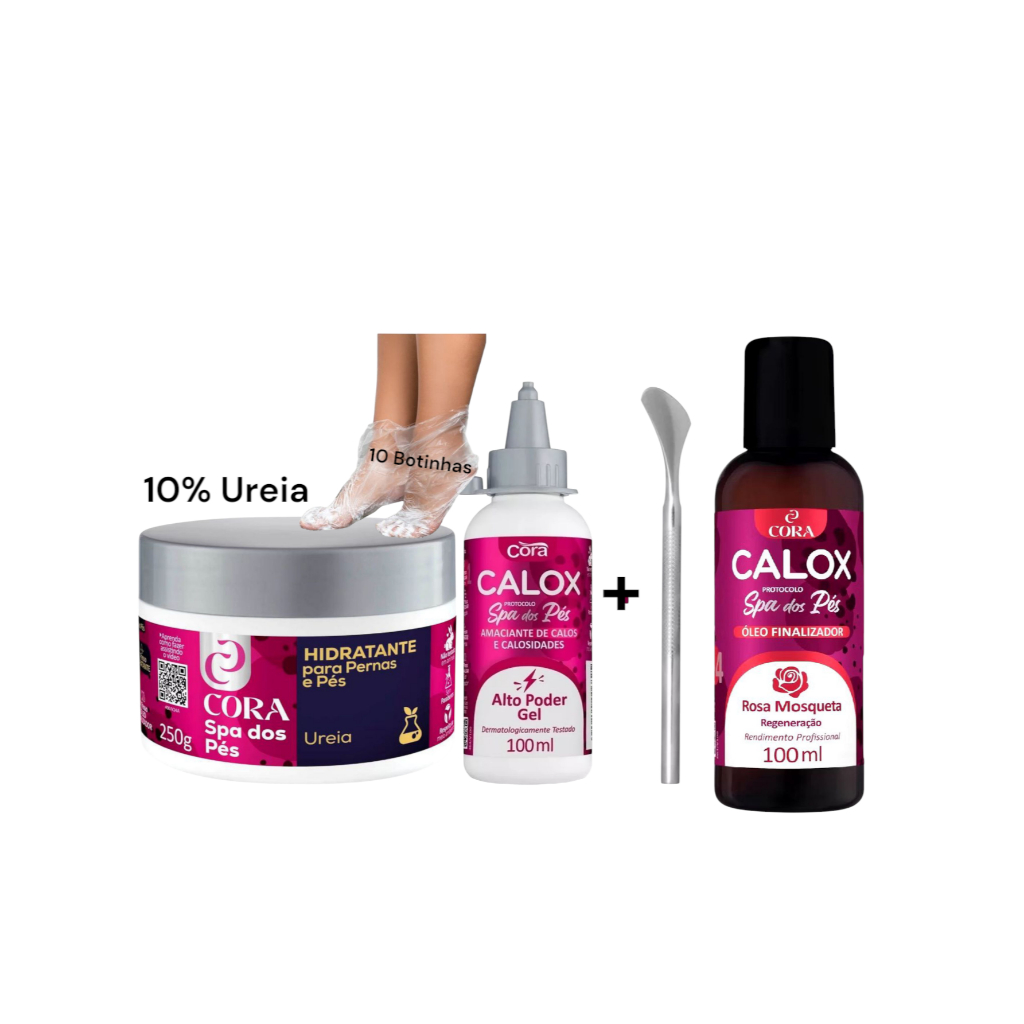 Conjunto Spa Pés Calox Gel Calox+ Óleo Finalizador Rosa Mosqueta+Pemax com Ureia e Espatula 222+ 10 Botas