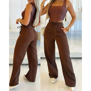 Calça Pantalona Feminina Alfaiataria Social Com Tira De Amarração em Oferta na Shopee