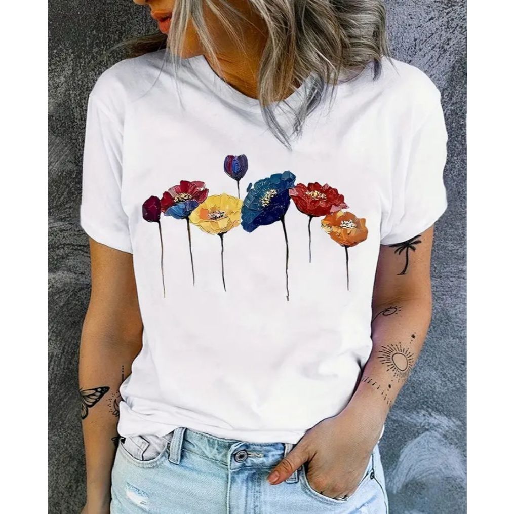 Camiseta T-shirt Feminina Branca Algodão Estampada Blusa Manga Curta Dia a Dia