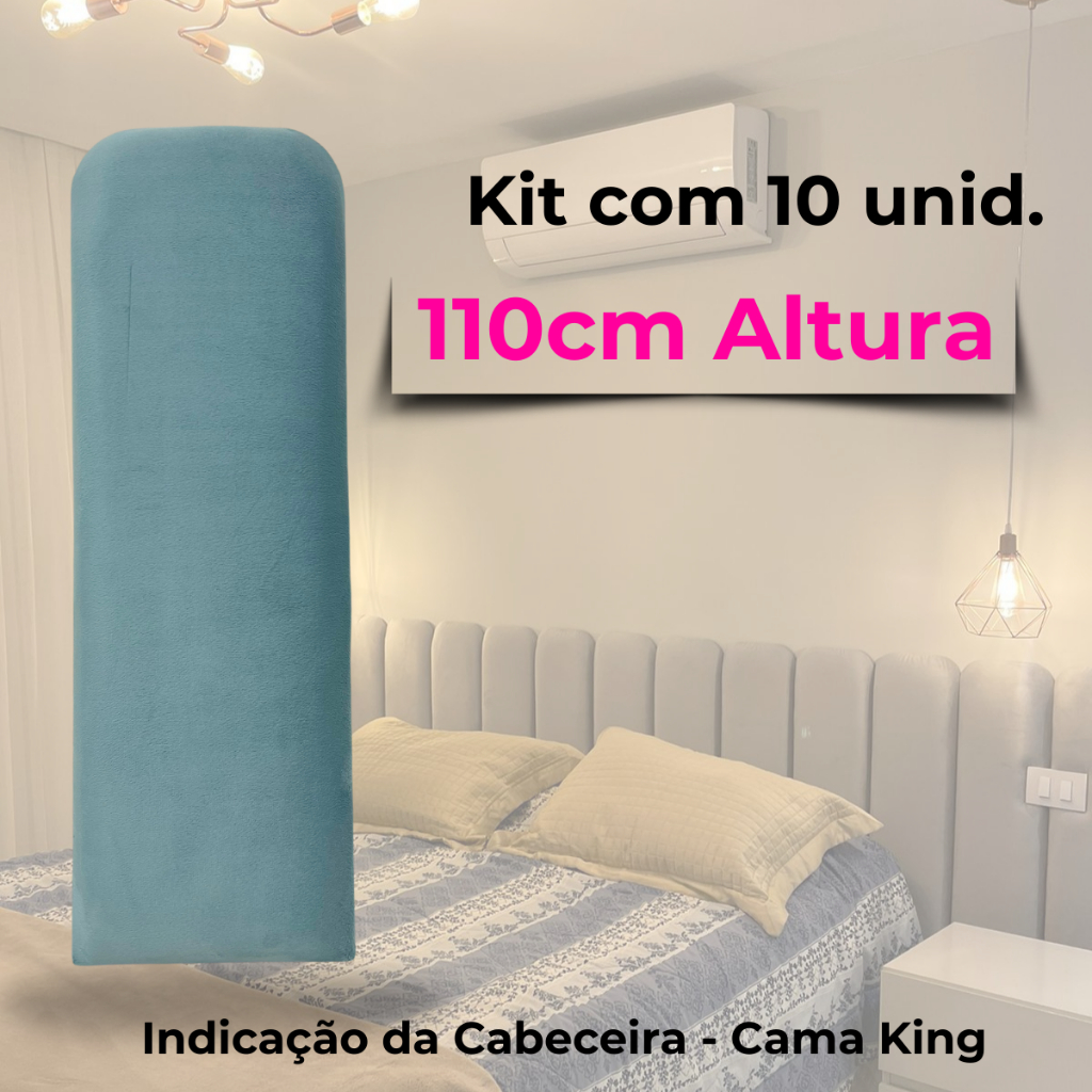 Cabeceira de Cama King Kit 10 Módulos 110x20 Estofado Autocolante Reto Nuvem ou Canto Arredondado