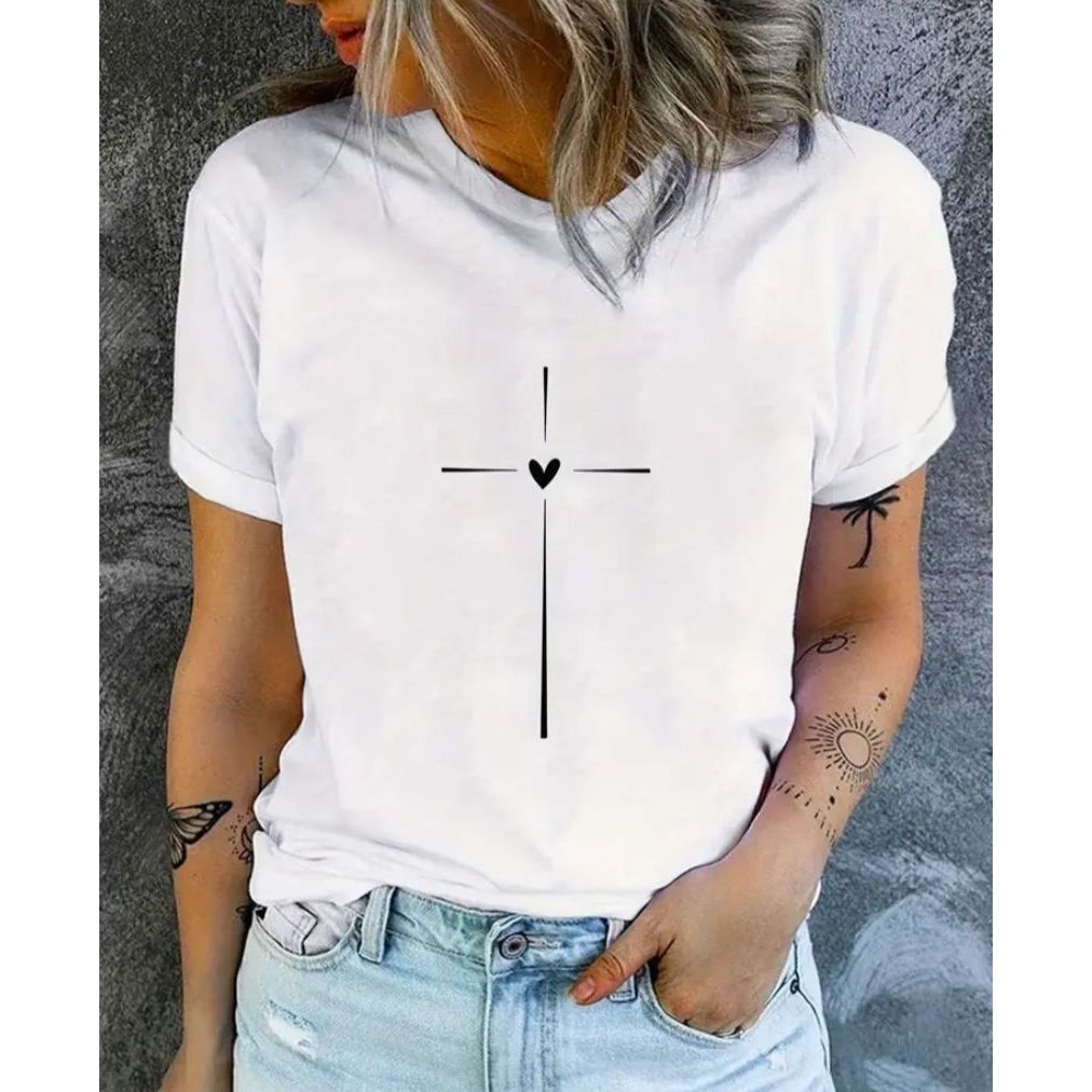 Blusinha T-shirt Feminina Estampada Cruz Coração Camiseta 100% Algodão 30.1 Casual