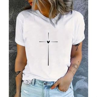 Blusa T-shirt Feminina Cruz Coração Confortável 100% Algodão Presente Dia Das Mães em Oferta na Shopee