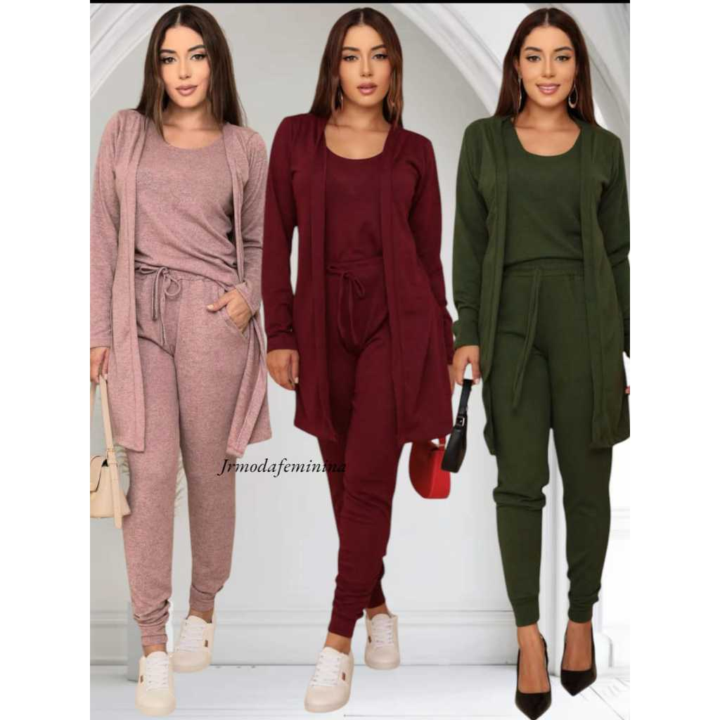 CONJUNTO FEMININO LANZINHA 3 PEÇAS REGATA  CARDIGAN E CALÇA