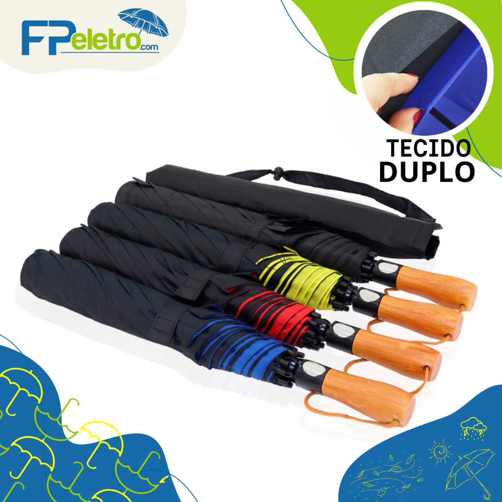 Guarda Chuva Automático Preto Grande Tecido Duplo Reforçado Contra Vento | 1078-B