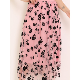 saia de tule midi detalhada em violetas com elastico na cintura黑色牵牛花半身裙
