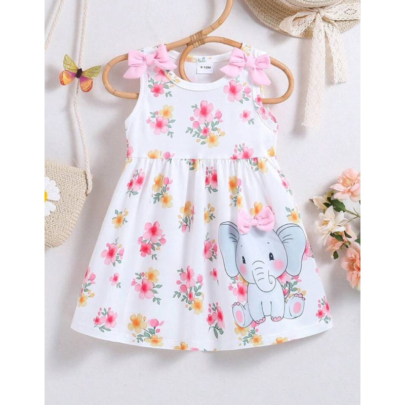 Vestido sem Manga Fofo de Elefante e Floral para Bebê Menina com Decoração de Laço