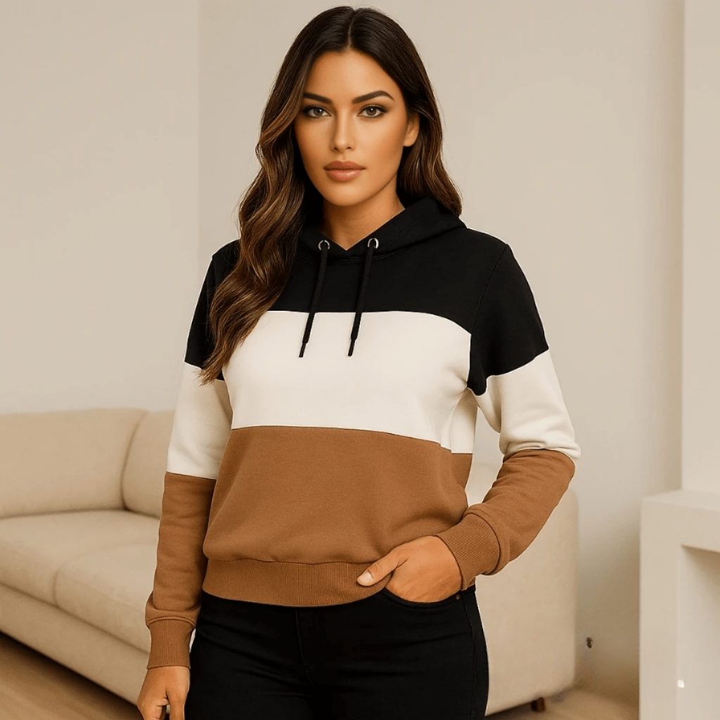 Blusa De Moletom Feminina Flanelada Com Capuz Recortes 3 Cores Agasalho De Frio