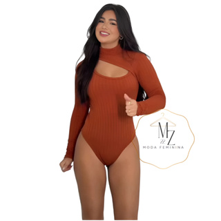 Body Feminino Manga Longa Gola Alta com Decote Busto - Tendencia Blogueira - Tecido Anarruga em Oferta na Shopee